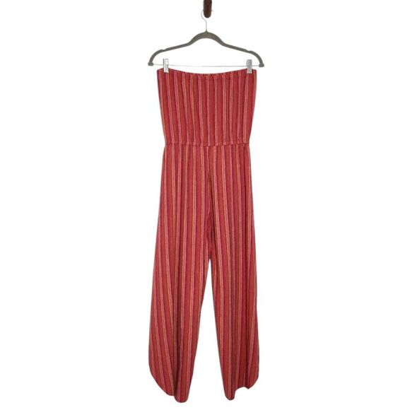 Drew Red and Pink Stripe Linen Boho Strapless Jumpsuit with Slit Legs Size Small - Picture 2 of 9